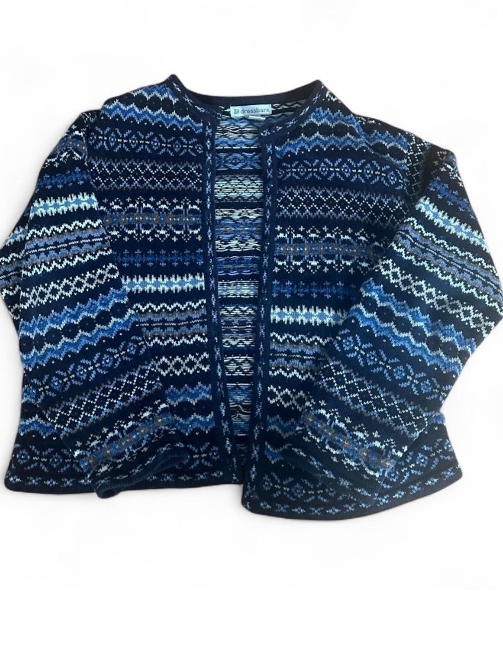 dressbarn Navy and Light Blue Patterned Knit Cardigan